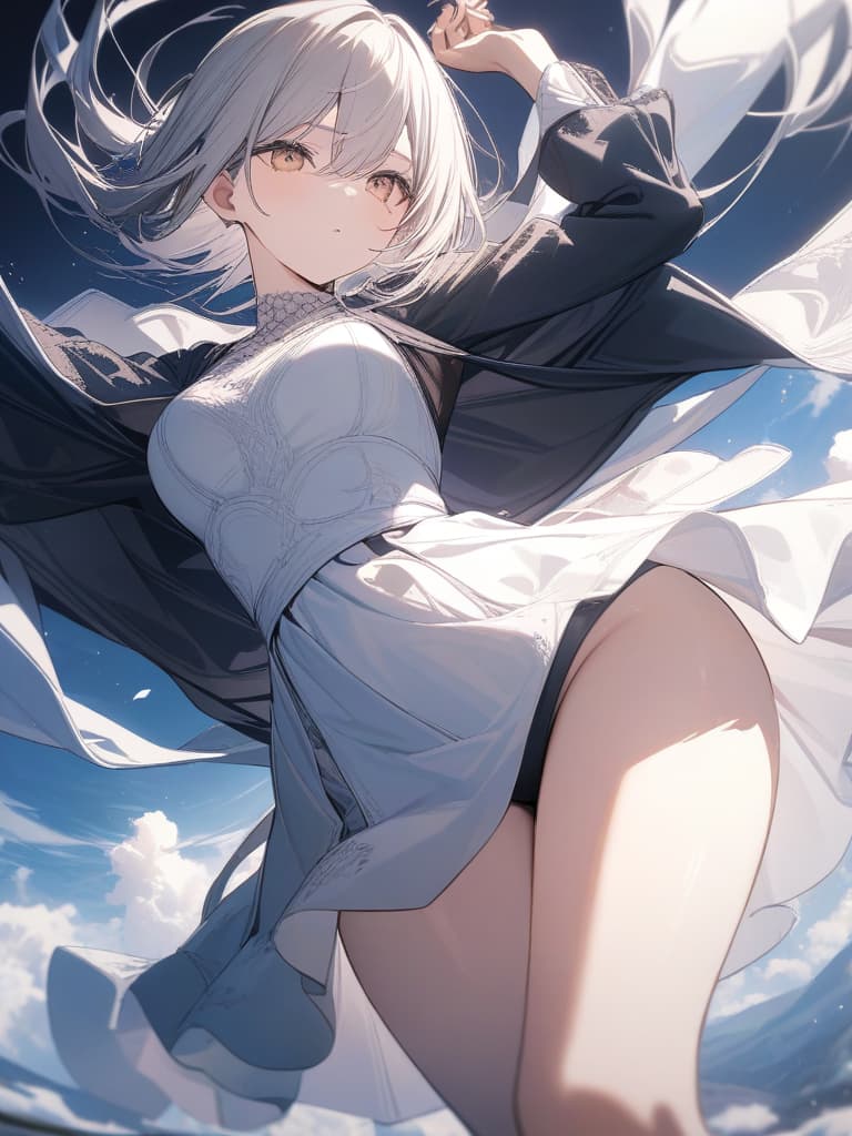  Women, thighs, white and black dresses, light colored hair, dark falling, masterpiece, best quality,8k,ultra detailed,high resolution,an extremely delicate and beautiful,hyper detail