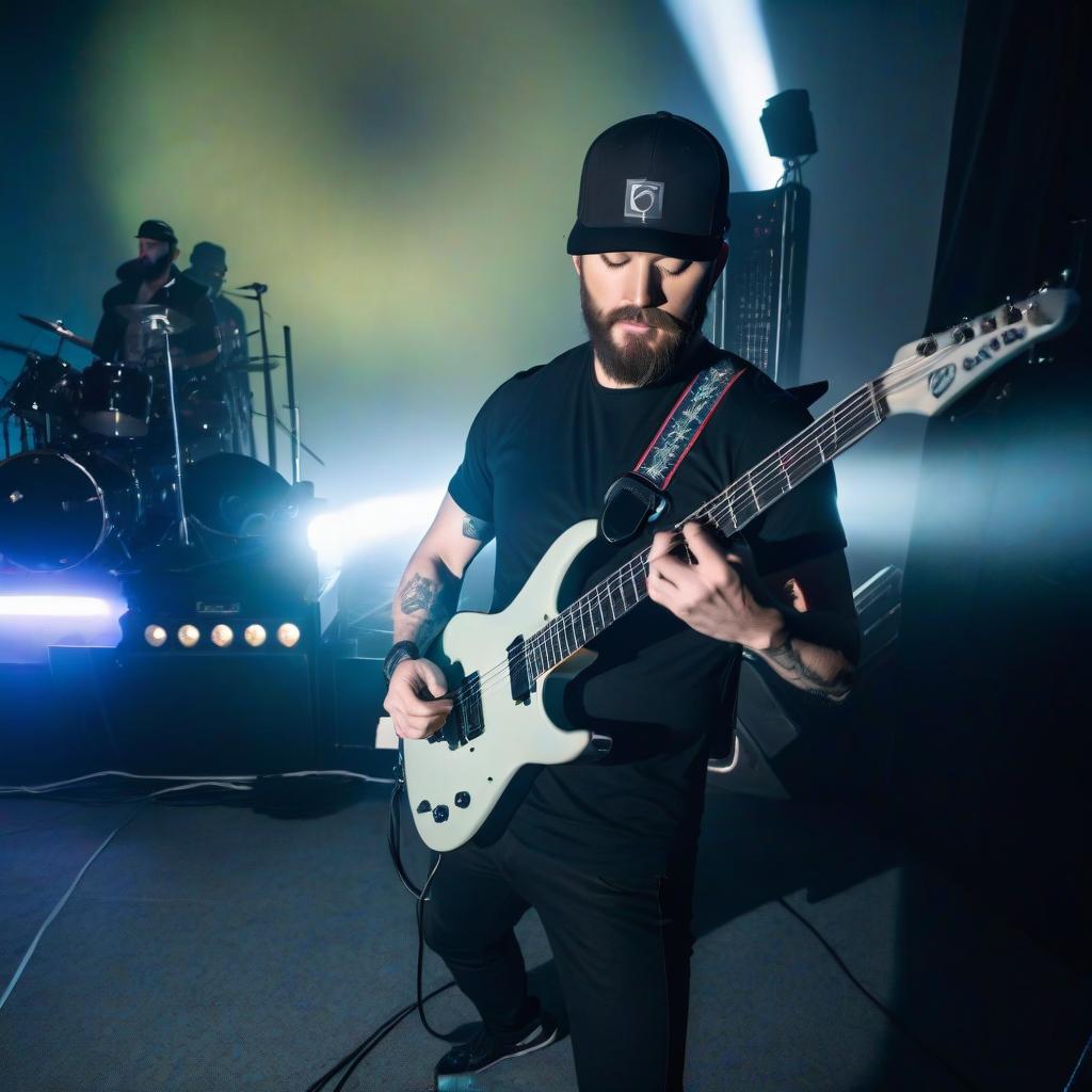  a man with a beard playing a guitar, tesseract, clayton crain, holding electric guitars, scenic full shot, michael pangrazio, muted stage effects, Anime style, Cyberpunk style, neon lights, high quality, sci fi hyperrealistic, full body, detailed clothing, highly detailed, cinematic lighting, stunningly beautiful, intricate, sharp focus, f/1. 8, 85mm, (centered image composition), (professionally color graded), ((bright soft diffused light)), volumetric fog, trending on instagram, trending on tumblr, HDR 4K, 8K