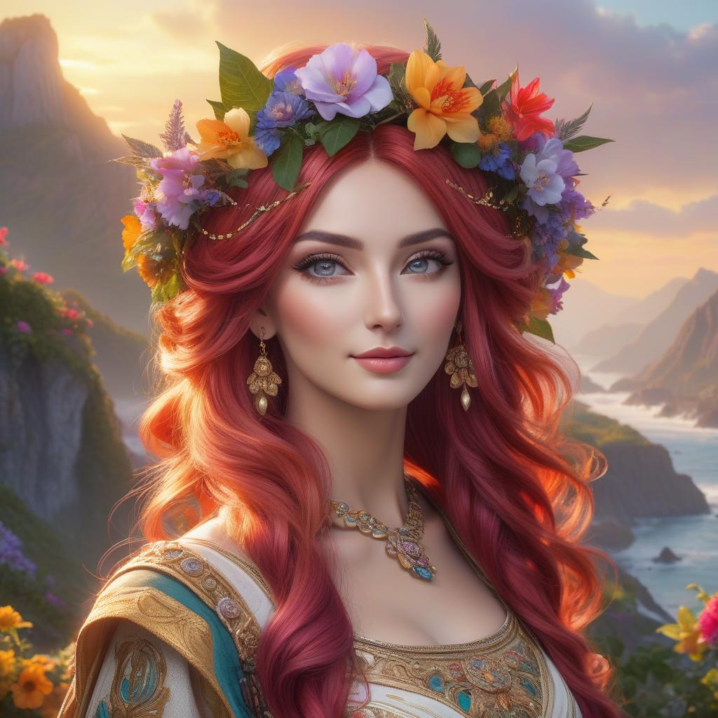  hyperrealistic art A fantasy depiction of a woman with multicolored hair and a vibrant floral crown set against a picturesque sunset landscape. A captivating summer queen, graced with lovely eyes and a charming smile, her hair a cascade of vibrant hues; set against the serene backdrop of a summertime Pacific scene. . extremely high resolution details, photographic, realism pushed to extreme, fine texture, incredibly lifelike hyperrealistic, full body, detailed clothing, highly detailed, cinematic lighting, stunningly beautiful, intricate, sharp focus, f/1. 8, 85mm, (centered image composition), (professionally color graded), ((bright soft diffused light)), volumetric fog, trending on instagram, trending on tumblr, HDR 4K, 8K