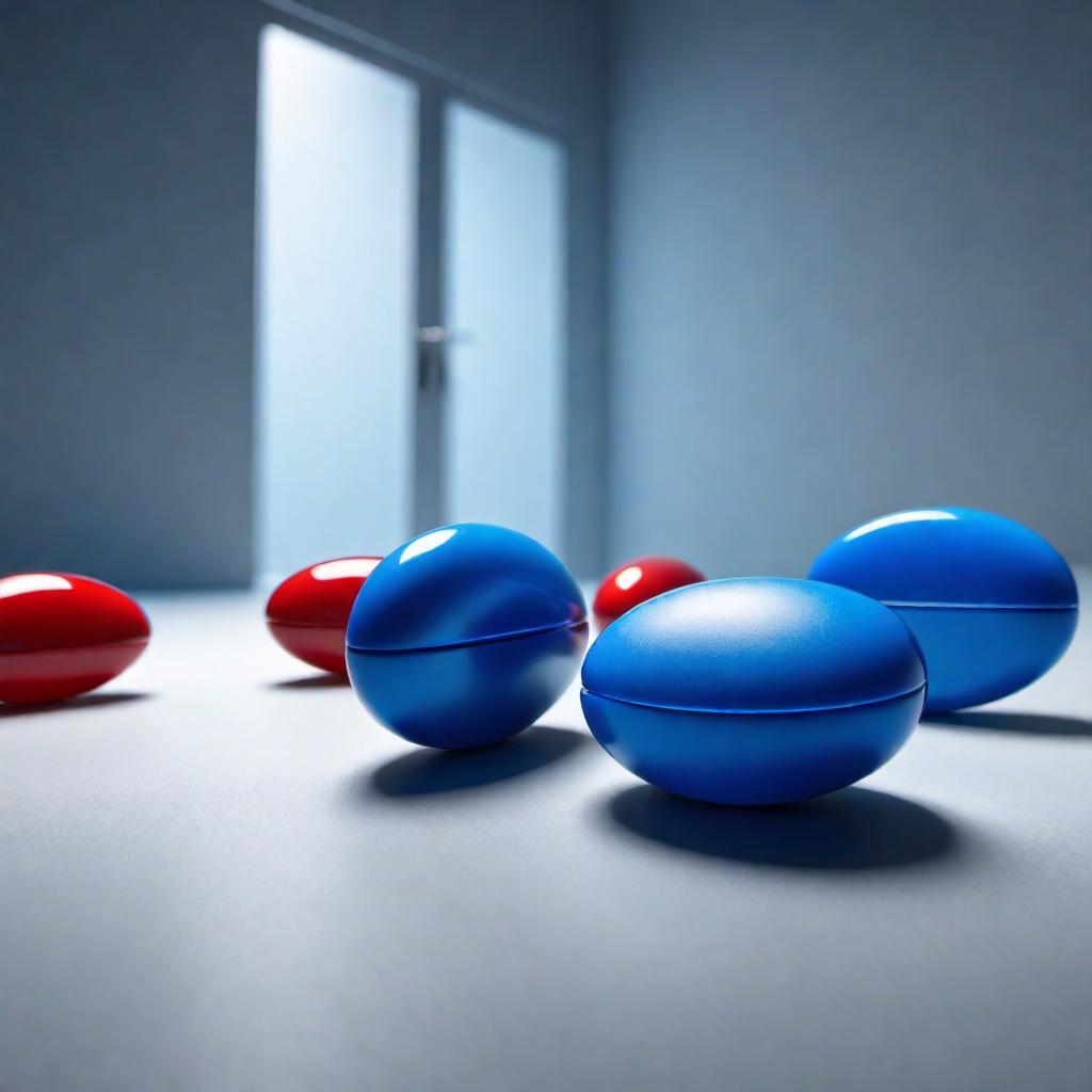  One red pill and one blue pill lying on a surface with two different closed doors in the background. The setting is well-lit, with studio-quality visuals. The red pill and blue pill are glowing in their respective colors. The doors have a mysterious and contrasting appearance, symbolizing the different choices. The image is clear, detailed, and high-resolution, with a perfect and polished look. hyperrealistic, full body, detailed clothing, highly detailed, cinematic lighting, stunningly beautiful, intricate, sharp focus, f/1. 8, 85mm, (centered image composition), (professionally color graded), ((bright soft diffused light)), volumetric fog, trending on instagram, trending on tumblr, HDR 4K, 8K