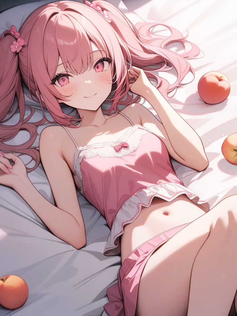  Cute, , thin body, fluffy hair, fluffy long hair, twin tails, pink hair color, pink eyes, sauce, peach decoration, peach, smile, , stomach, , camisole ,, big s. bed, masterpiece, best quality,8k,ultra detailed,high resolution,an extremely delicate and beautiful,hyper detail