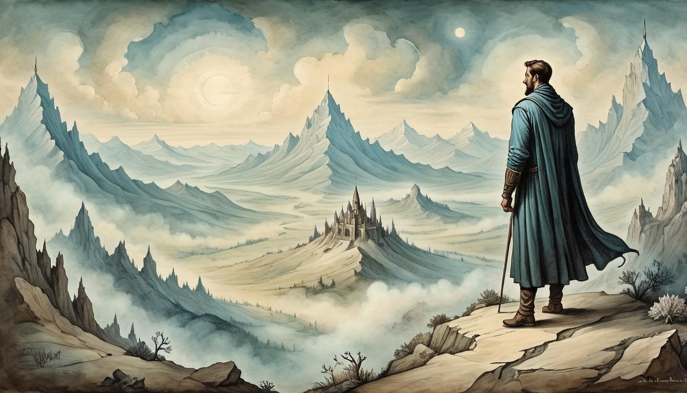  on parchment, surrealism+++, A lone figure standing on a mountain peak, panoramic view of vast landscapes, enlightened perspective, visionary, expansive(mysterious, provocative, symbolic,muted color)+++