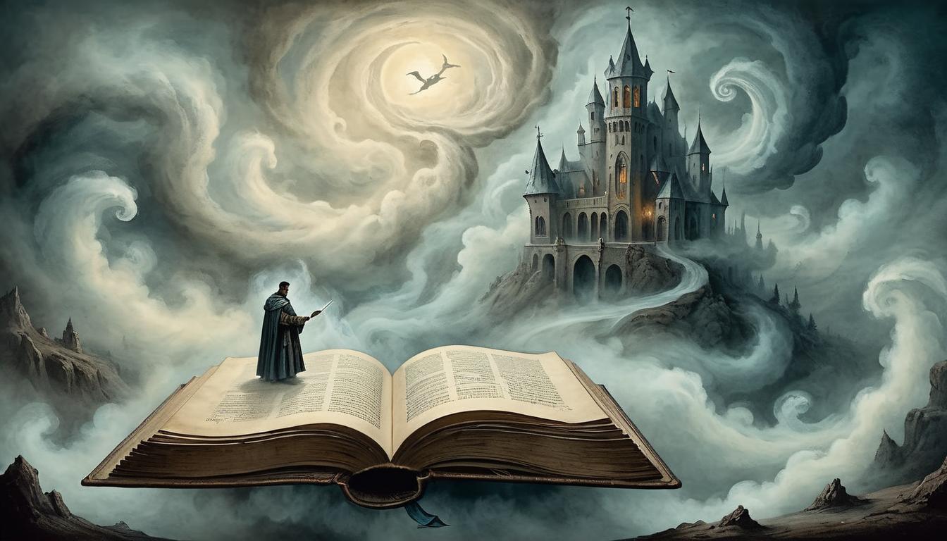  on parchment, surrealism+++, A figure with an open book, surrounded by smoky, swirling mists, seeking, explaining(mysterious, provocative, symbolic,muted color)+++