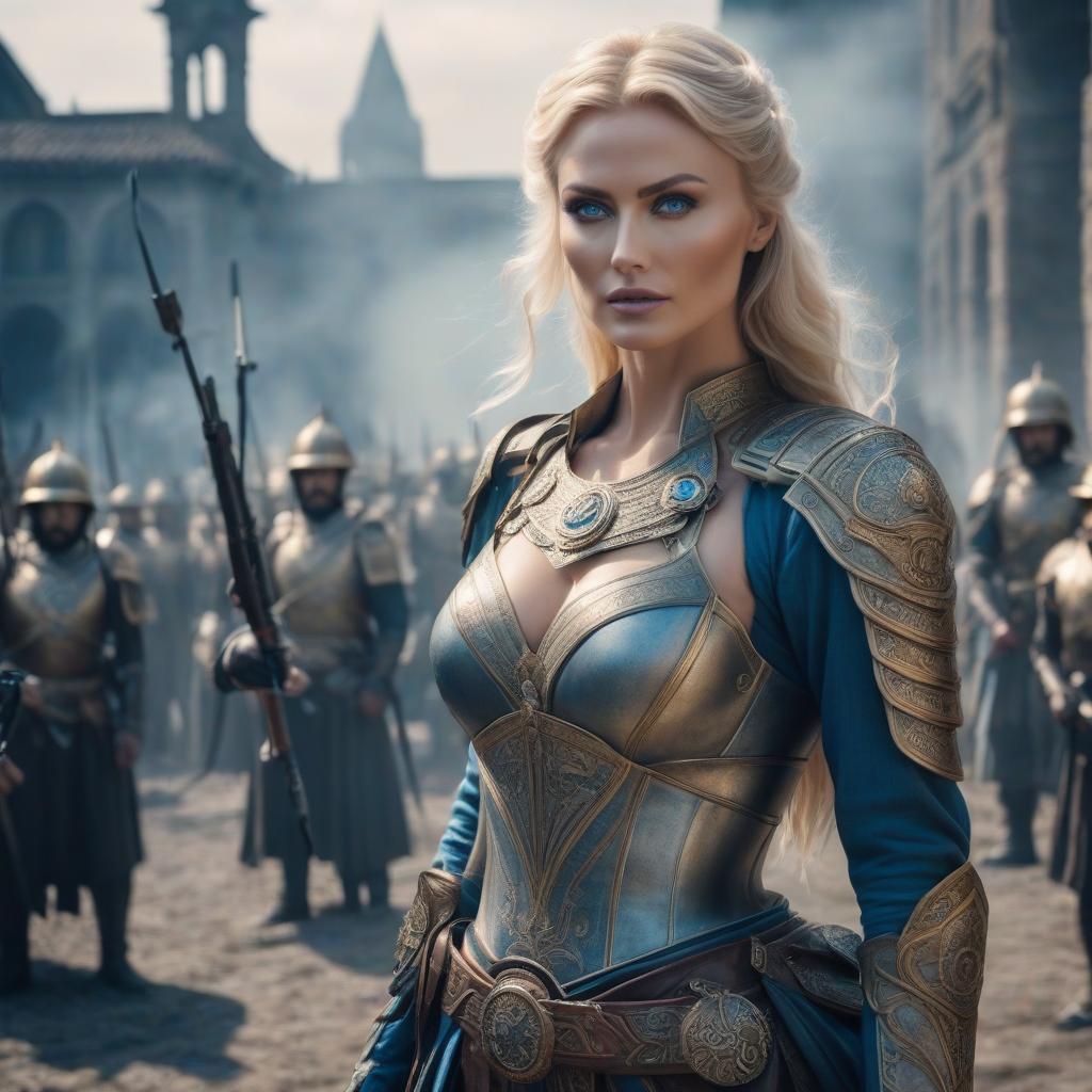  An advanced civilization of the past with a blonde woman with blue eyes and tall arms holding a weapon. hyperrealistic, full body, detailed clothing, highly detailed, cinematic lighting, stunningly beautiful, intricate, sharp focus, f/1. 8, 85mm, (centered image composition), (professionally color graded), ((bright soft diffused light)), volumetric fog, trending on instagram, trending on tumblr, HDR 4K, 8K