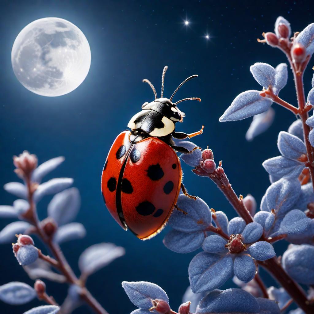  A worm's-eye view looking up at a close-up of a ladybug flying against a blue night sky with a full moon in view. The image captures the underside of the ladybug's wings illuminated by the moonlight, with stars twinkling in the background. The composition should evoke a sense of wonder and the beauty of nature at night. hyperrealistic, full body, detailed clothing, highly detailed, cinematic lighting, stunningly beautiful, intricate, sharp focus, f/1. 8, 85mm, (centered image composition), (professionally color graded), ((bright soft diffused light)), volumetric fog, trending on instagram, trending on tumblr, HDR 4K, 8K