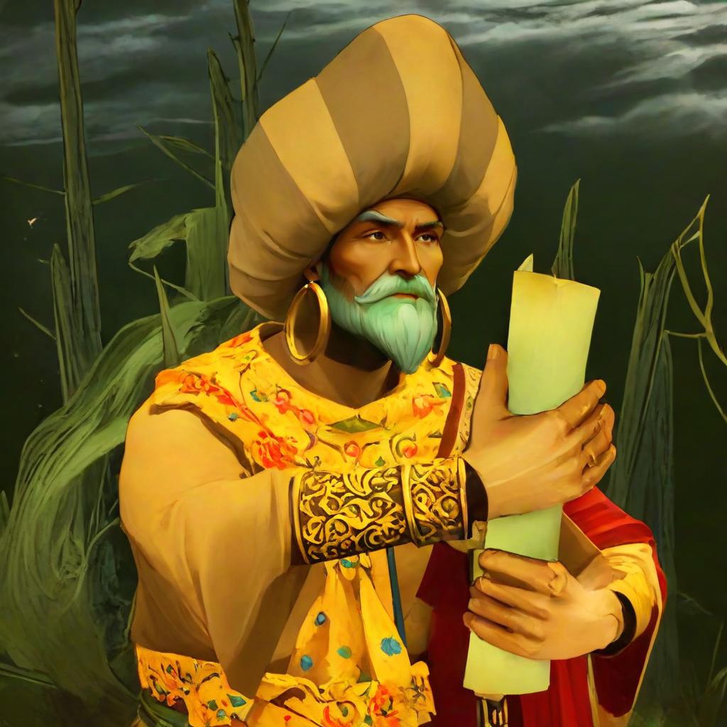  role playing game (RPG) style fantasy East old mage in turban with big scroll in his hands, concept art, art, marvel comics . detailed, vibrant, immersive, reminiscent of high fantasy RPG games, on parchment hyperrealistic, full body, detailed clothing, highly detailed, cinematic lighting, stunningly beautiful, intricate, sharp focus, f/1. 8, 85mm, (centered image composition), (professionally color graded), ((bright soft diffused light)), volumetric fog, trending on instagram, trending on tumblr, HDR 4K, 8K