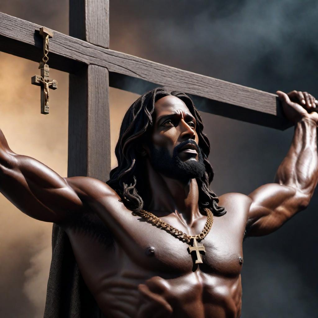  A depiction of a black Jesus hanging on the cross with nails in his hands, simple and nothing fancy. hyperrealistic, full body, detailed clothing, highly detailed, cinematic lighting, stunningly beautiful, intricate, sharp focus, f/1. 8, 85mm, (centered image composition), (professionally color graded), ((bright soft diffused light)), volumetric fog, trending on instagram, trending on tumblr, HDR 4K, 8K