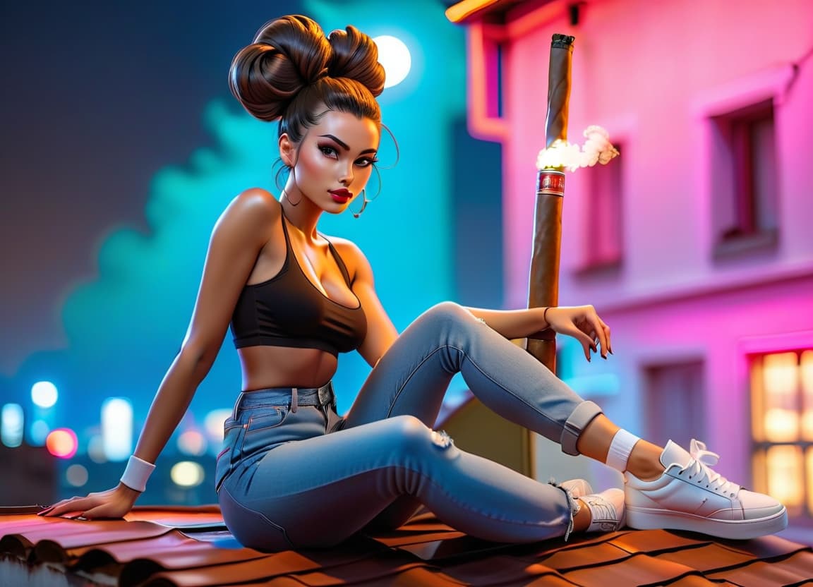  A girl sits on the roof against the backdrop of a night city, her hair in a bun, dark hair, with a cigar, in denim shorts, in white sneakers, profile view. hyperrealistic, full body, detailed clothing, highly detailed, cinematic lighting, stunningly beautiful, intricate, sharp focus, f/1. 8, 85mm, (centered image composition), (professionally color graded), ((bright soft diffused light)), volumetric fog, trending on instagram, trending on tumblr, HDR 4K, 8K