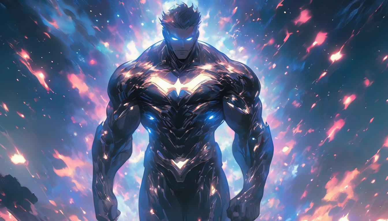  hyperrealism,fantasy aestheticFigure standing firm against an oncoming dark wave, cosmic backdrop with stars and galaxies, aura of protection, assurance of safety and stability, high tech clothing clad in sleek, futuristic costume with metallic accents and form fitting designs, marvel superhero comics style, unreal engine rendering