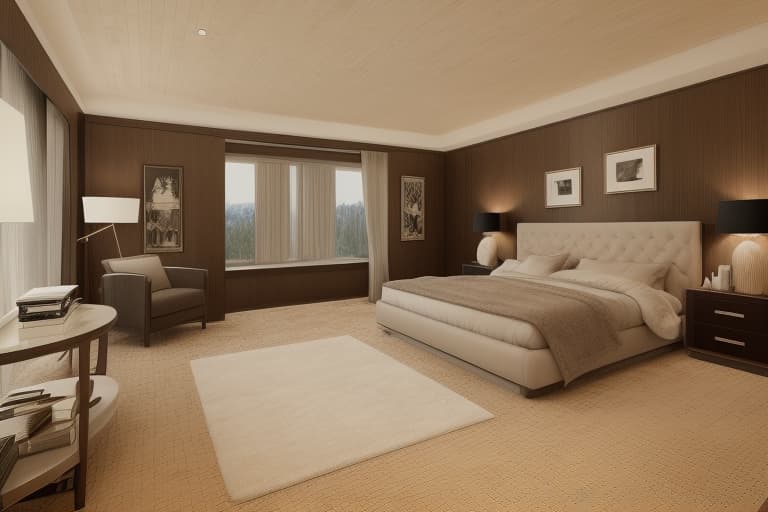  The image portrays a luxurious modern theme, featuring elegant wood paneling, sophisticated lighting, and a clean, refined aesthetic. Luxurious modern with elegant wood paneling, sophisticated ambient lighting, large bed, plush rug, and a sleek, refined look. luxury, modern, elegant, wood paneling, sophisticated lighting, refined aesthetic