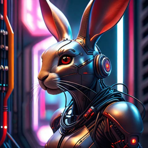  Cyborg feminine hare, kawaii cyborg rabbit, high detailed face, beautiful body, glowing hair, looking at the camera, breeze, neon strings, chaotic wiring/cables, scifi, futuristic, highly detailed, cinematic, cyberpunk, highly detailed and intricate, rich deep colors. sf, raphael, caravaggio, greg rutkowski, beeple, beksinski, red background hyperrealistic, full body, detailed clothing, highly detailed, cinematic lighting, stunningly beautiful, intricate, sharp focus, f/1. 8, 85mm, (centered image composition), (professionally color graded), ((bright soft diffused light)), volumetric fog, trending on instagram, trending on tumblr, HDR 4K, 8K