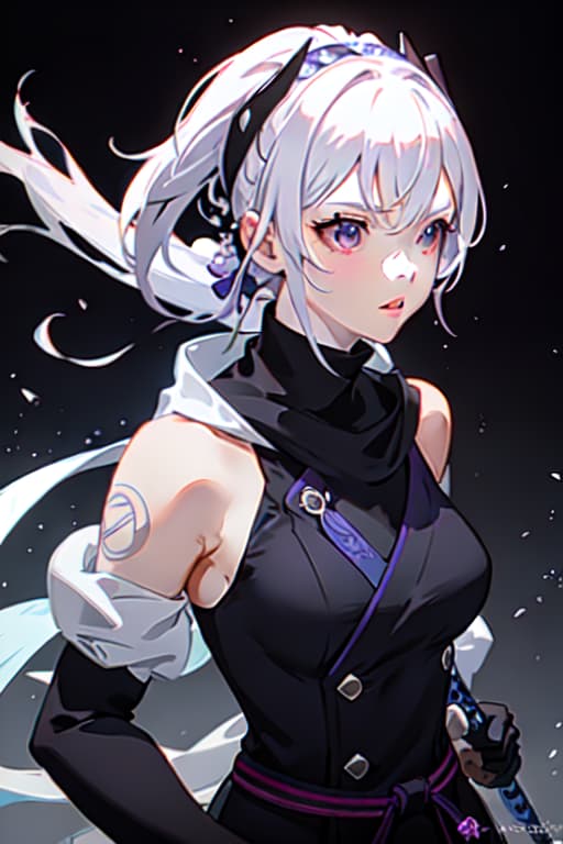  upper body, 1girl, white hair, ponytail, purple eyes, (ninja), short sword, medium breats ,scarf, wallpaper, magic circle background, light particles, blue fire hyperrealistic, full body, detailed clothing, highly detailed, cinematic lighting, stunningly beautiful, intricate, sharp focus, f/1. 8, 85mm, (centered image composition), (professionally color graded), ((bright soft diffused light)), volumetric fog, trending on instagram, trending on tumblr, HDR 4K, 8K