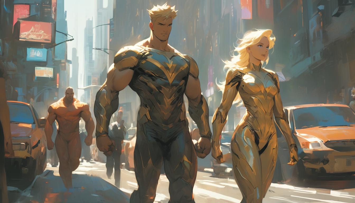  hyperrealism,fantasy aesthetic1woman1man, large busted attractive blonde arian female humanoid and handsome male humanoid, walking through a busy city street, eyes scanning for spiritual symbols, high tech clothing clad in sleek, futuristic costume with metallic accents and form fitting designs, marvel superhero comics style, unreal engine rendering