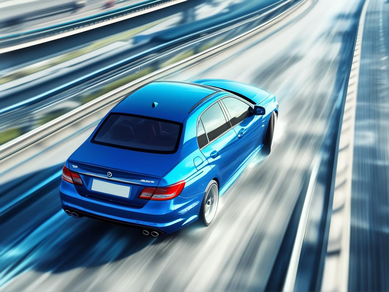  best quality, HD, Rear view of blue Business car on high speed in turn. Blue car rushing along a high speed highway.