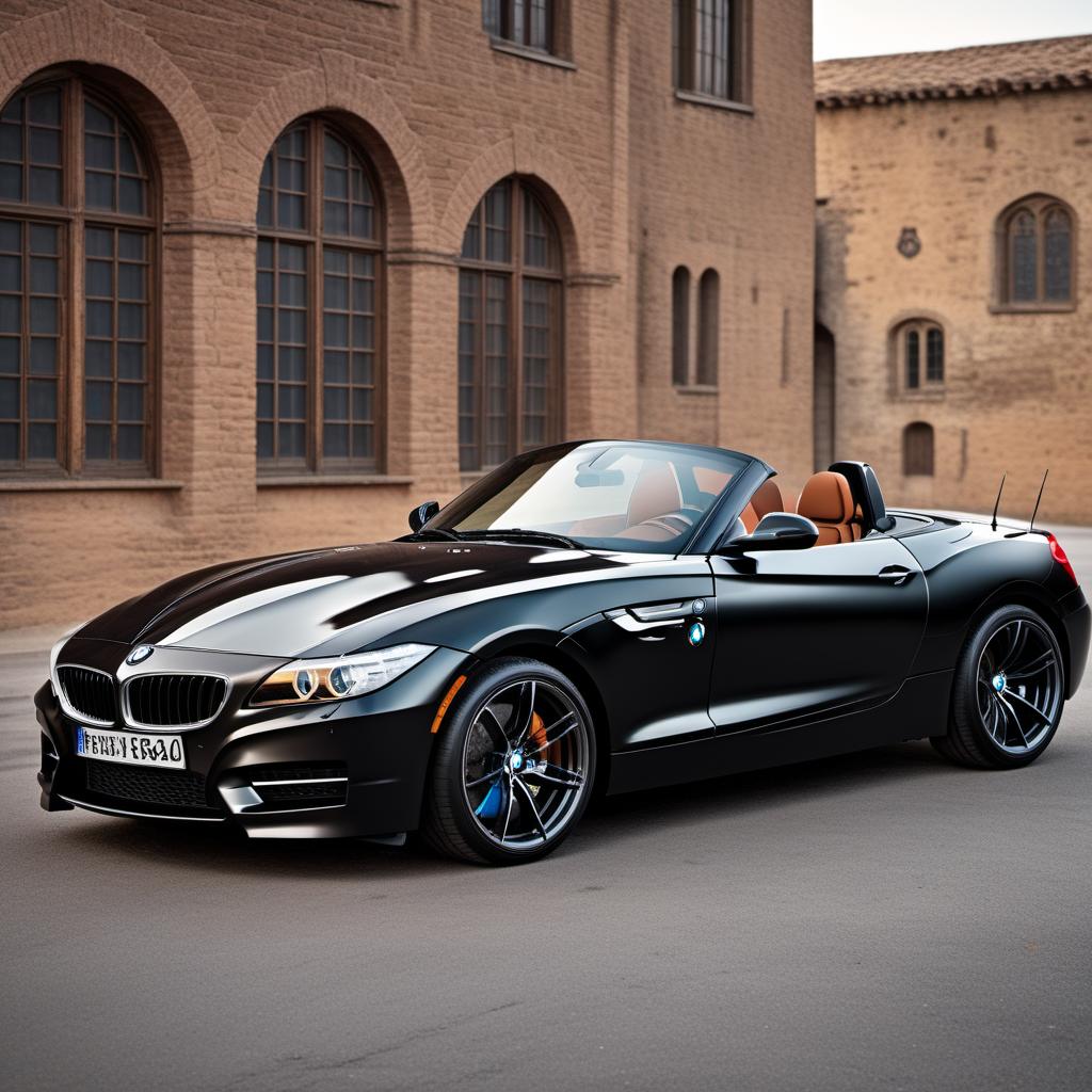  Retro mod 2013 BMW Z4 E89 model in black. A 2013 BMW Z4 E89 with retro modifications, featuring classic design elements from the 1960s and 1970s. The car should be black with vintage touches such as chrome bumpers, wire-spoke wheels, and a two-tone paint job. The setting is an open road with a scenic background. hyperrealistic, full body, detailed clothing, highly detailed, cinematic lighting, stunningly beautiful, intricate, sharp focus, f/1. 8, 85mm, (centered image composition), (professionally color graded), ((bright soft diffused light)), volumetric fog, trending on instagram, trending on tumblr, HDR 4K, 8K