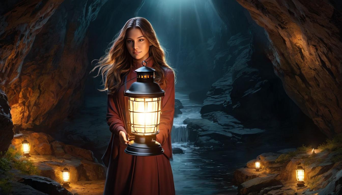  digital illustration, 1woman, holding a lantern high in a dark cave, light illuminating the path ahead, serene but determined face, navigating through, clarity, focus, looking at viewer, dynamic pose, (intricate details, masterpiece, best quality)