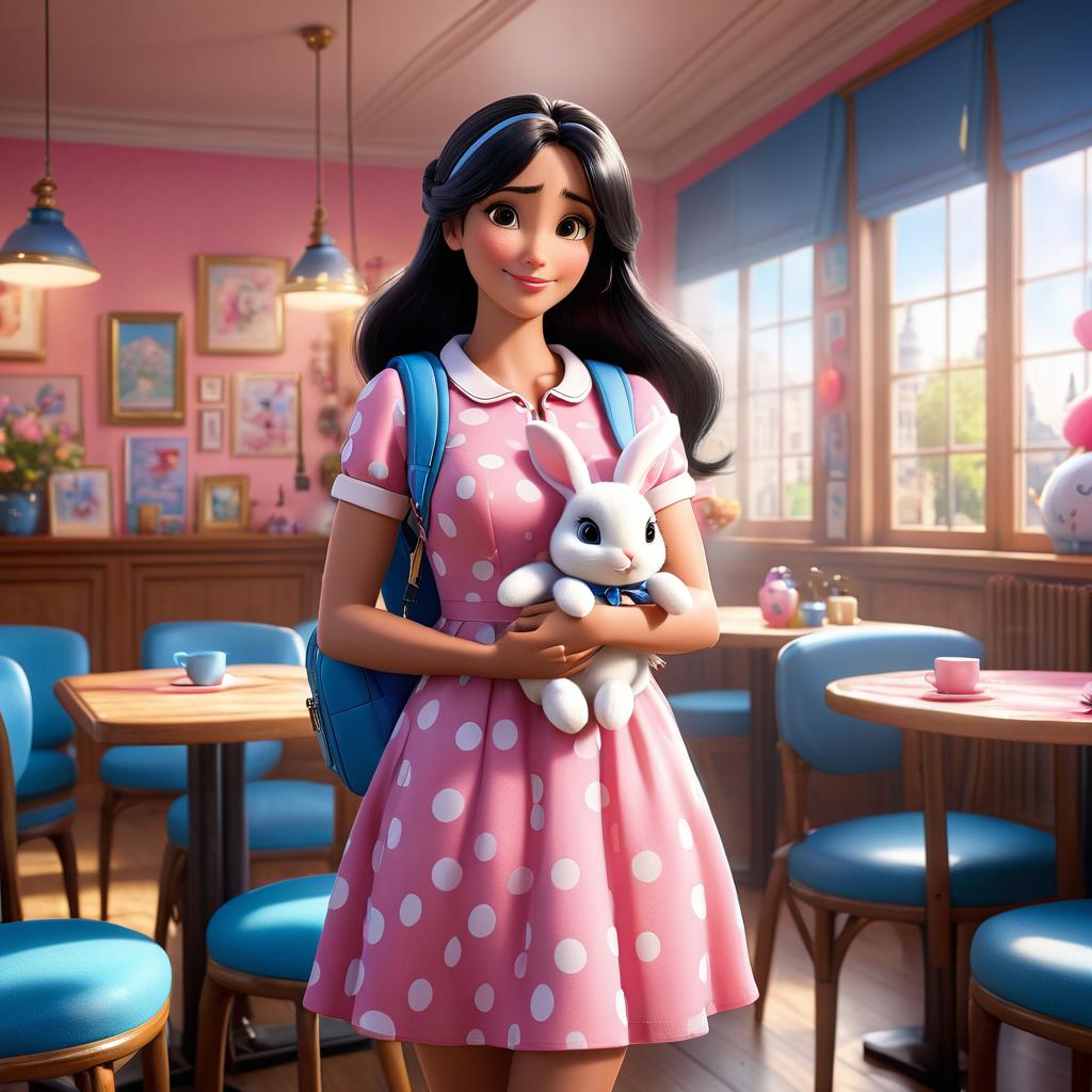  [Subject Description]: Paris, a bright young with long black hair tied in two ids with pink ribbons, wearing a cute pink dress with white polka dots and a small blue backpack with bunny prints, clasping her bunny stuffed animal tightly, looking anxious. [Environment Description]: In a clroom at Fluffy Clouds pre , with colorful decorations, small tables, and chairs around, evoking a warm and friendly atmosphere. [Art Style]: High resolution, Pixar 3D animated film style with detailed rendering. [Color and Light]: Bright, soft lights with a warm feel, emphasizing the cheerful yet slightly overwhelming clroom environment. [Camera Angle and Composition]: Medium shot focusing on Paris’s face and upper body, capturing her a hyperrealistic, full body, detailed clothing, highly detailed, cinematic lighting, stunningly beautiful, intricate, sharp focus, f/1. 8, 85mm, (centered image composition), (professionally color graded), ((bright soft diffused light)), volumetric fog, trending on instagram, trending on tumblr, HDR 4K, 8K