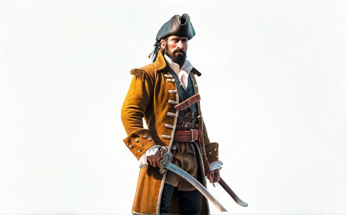  pirate hyperrealistic, full body, detailed clothing, highly detailed, cinematic lighting, stunningly beautiful, intricate, sharp focus, f/1. 8, 85mm, (centered image composition), (professionally color graded), ((bright soft diffused light)), volumetric fog, trending on instagram, trending on tumblr, HDR 4K, 8K