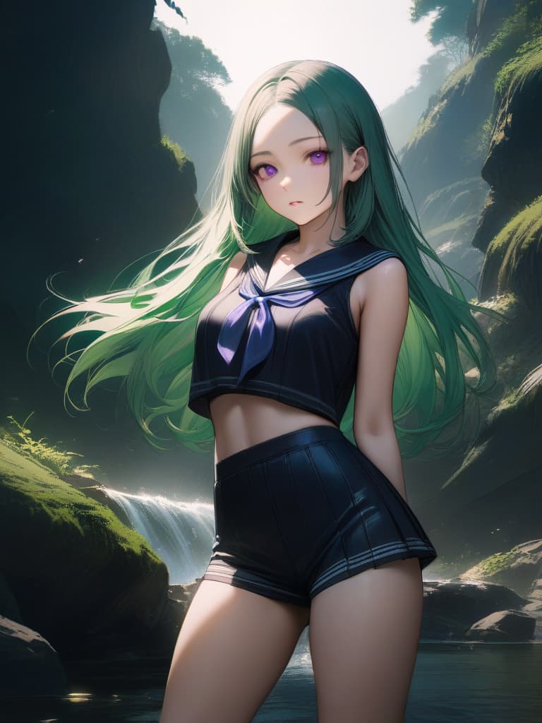  1girl,18yo,green hair,long hair,( purple eyes:1.3),summer black sailor suit,阿鼻叫喚,{{((forehead is 3rd eye:1.5))}}, realistic, masterpiece, best quality,8k,ultra detailed,high resolution,an extremely delicate and beautiful,hyper detail