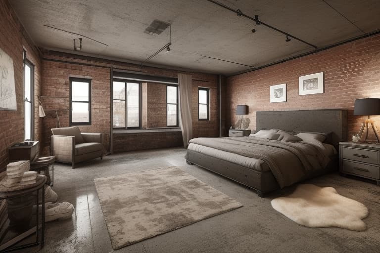  The image presents an industrial loft theme, emphasizing raw textures, large windows, and a blend of cozy and rugged elements. Industrial loft bedroom with exposed brick walls, large windows, a simple gray bed, eclectic pillows, and vintage decor accents. industrial loft, bedroom, exposed brick walls, large windows, gray bed, eclectic pillows, vintage decor, cozy, rugged elements