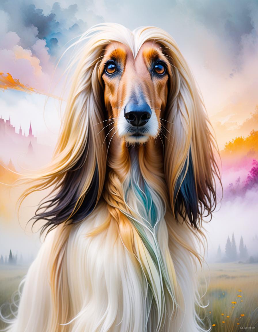  abstract expressionist painting Vibrant portrait of a beautiful afghan hound, expressive (very very small triangular eyes), flowing hair, intricate details, soft and elegant features, ethereal aura, whimsical elements, rich color palette, watercolor, colored ink, oil pastels, textured strokes, dreamlike quality, by Gabriel Pacheco, Michael Sowa, Bernard Kliban, high resolution, intricate patterns, captivating gaze, fantasy inspired, magical ambiance, surreal lighting . energetic brushwork, bold colors, abstract forms, expressive, emotional hyperrealistic, full body, detailed clothing, highly detailed, cinematic lighting, stunningly beautiful, intricate, sharp focus, f/1. 8, 85mm, (centered image composition), (professionally color graded), ((bright soft diffused light)), volumetric fog, trending on instagram, trending on tumblr, HDR 4K, 8K