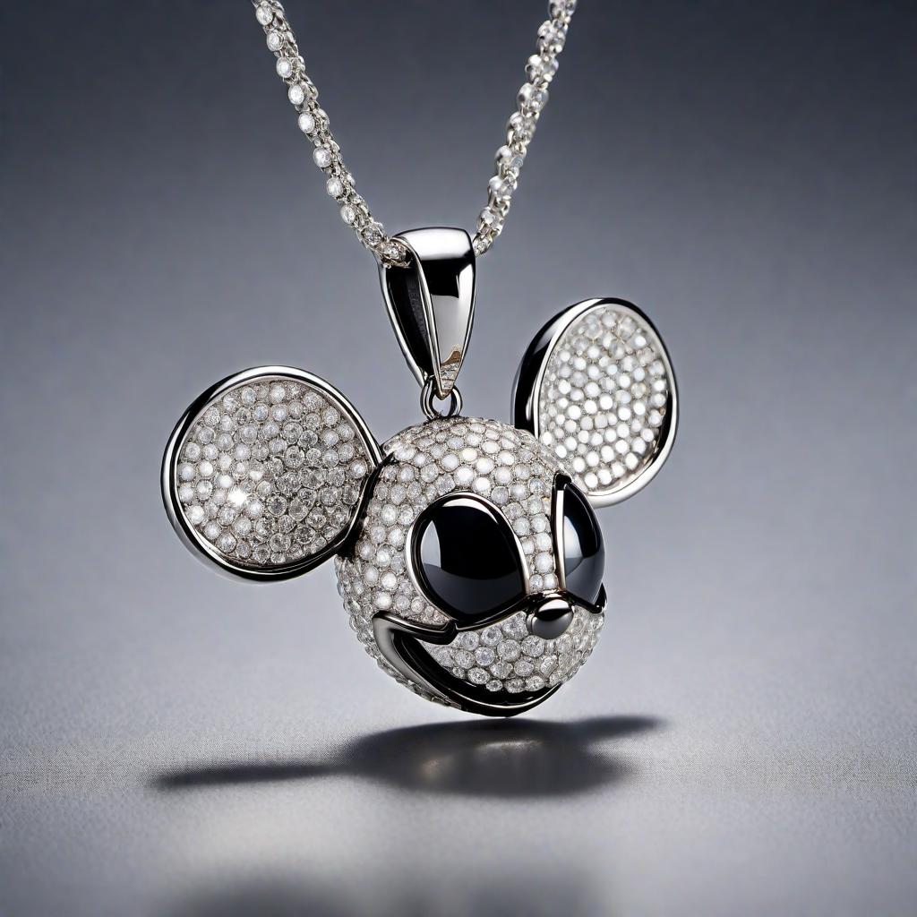  A diamond-encrusted Deadmau5 pendant with a sleek and modern design. The pendant features the iconic Deadmau5 mouse head logo covered in sparkling diamonds, with intricate detailing and a polished finish. The diamonds should shimmer and reflect light, emphasizing the luxury and elegance of the piece. hyperrealistic, full body, detailed clothing, highly detailed, cinematic lighting, stunningly beautiful, intricate, sharp focus, f/1. 8, 85mm, (centered image composition), (professionally color graded), ((bright soft diffused light)), volumetric fog, trending on instagram, trending on tumblr, HDR 4K, 8K