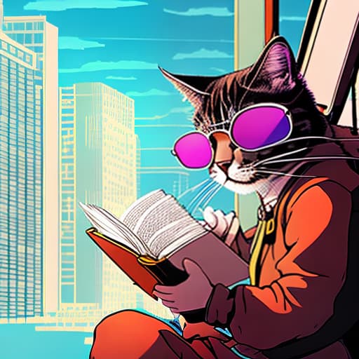 nvinkpunk Realistic image of a cat wearing headphones and reading glasses while riding a bus