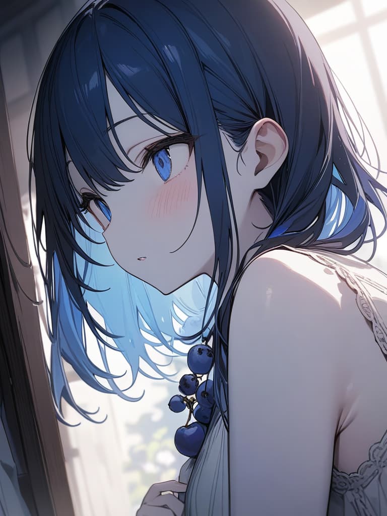  Cute, girl, long hair, thin body, white skin, blue eyes, big eyes, short bob, blueberry, blueberry decoration, short hair, blue hair color, sagging face, masterpiece, best quality,8k,ultra detailed,high resolution,an extremely delicate and beautiful,hyper detail