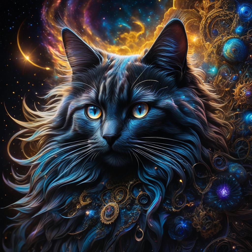  cinematic film still (psychedelic art, highly detailed, fantasy art:1.3), mesmerizing cat's face, intense glowing eyes with swirling colors, stunning blend of black, blue, and yellow hues, intricate patterns and designs, cosmic background with galaxies and stars, ethereal and mystical atmosphere, otherworldly beauty, intricate celestial patterns, cosmic energy radiating from the eyes, mesmerizing and captivating gaze, transcendent and surreal, vibrant and dynamic composition, close up shot capturing every intricate detail. . shallow depth of field, vignette, highly detailed, high budget, bokeh, cinemascope, moody, epic, gorgeous, film grain, grainy hyperrealistic, full body, detailed clothing, highly detailed, cinematic lighting, stunningly beautiful, intricate, sharp focus, f/1. 8, 85mm, (centered image composition), (professionally color graded), ((bright soft diffused light)), volumetric fog, trending on instagram, trending on tumblr, HDR 4K, 8K