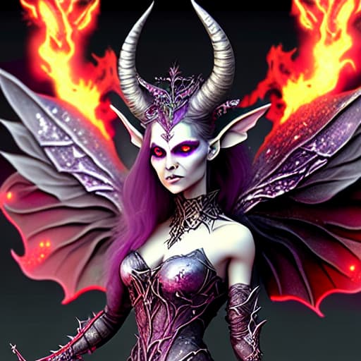  Purpe and silver fairy queen with red eyes, horns and fairy wings in flames