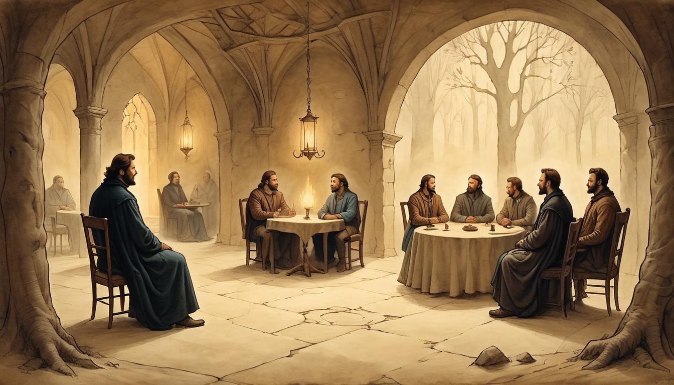  on parchment, surrealism+++, A group of people in a cozy setting, one figure stands out, their aura glowing softly, engaging warmly with others, warm, authentic(mysterious, provocative, symbolic,muted color)+++