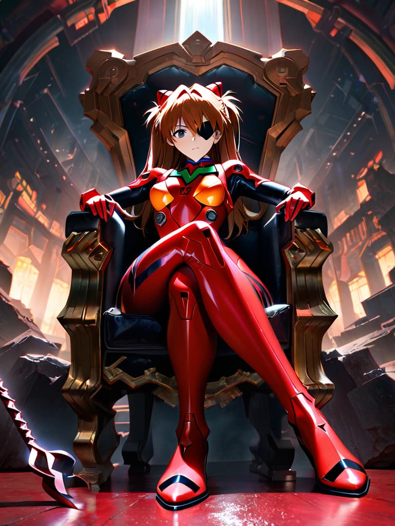  1girl, souryuu asuka langley, neon genesis evangelion, rebuild of evangelion, lance of longinus, cat hat, plugsuit, pilot suit, red bodysuit, sitting, crossed legs, black eye patch, throne, looking down, from bottom, looking at viewer, outdoors, masterpiece, best quality, very aesthetic, absurdres hyperrealistic, full body, detailed clothing, highly detailed, cinematic lighting, stunningly beautiful, intricate, sharp focus, f/1. 8, 85mm, (centered image composition), (professionally color graded), ((bright soft diffused light)), volumetric fog, trending on instagram, trending on tumblr, HDR 4K, 8K