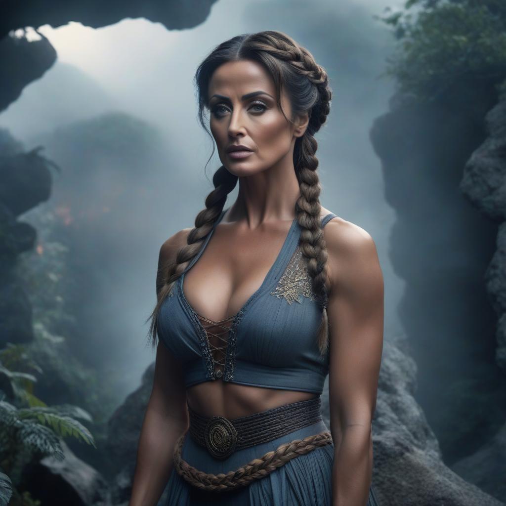  A woman with braided hair, a fantasy in the background, a digital masterpiece, Sylvester Stallone's and Giorgio Armani's styles. hyperrealistic, full body, detailed clothing, highly detailed, cinematic lighting, stunningly beautiful, intricate, sharp focus, f/1. 8, 85mm, (centered image composition), (professionally color graded), ((bright soft diffused light)), volumetric fog, trending on instagram, trending on tumblr, HDR 4K, 8K