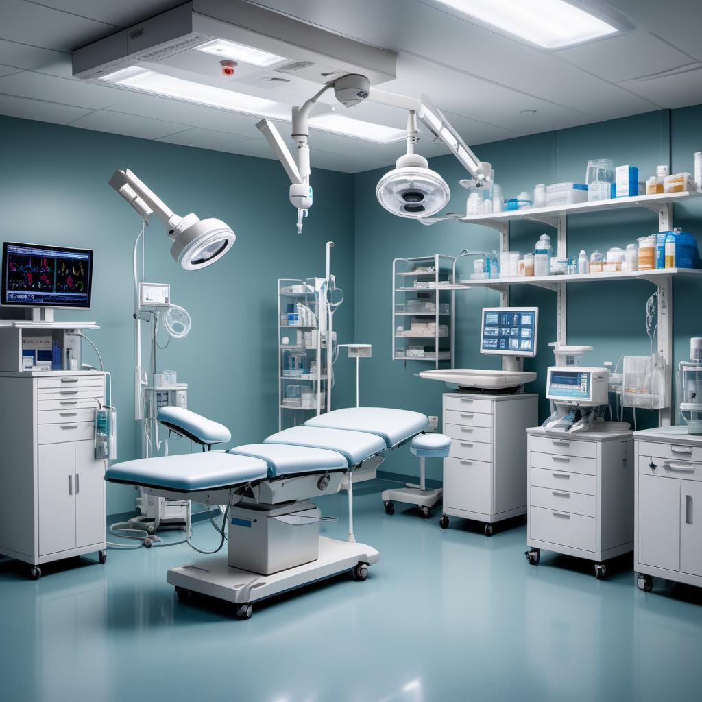  The interior of a small operating room. The space is compact but fully equipped with essential medical equipment. There is an operating table in the center, with various instruments on trays nearby. A large overhead surgical light illuminates the area. Medical monitors and devices are arranged neatly around the room, and there is a small sink in one corner. The walls are sterile white, and there are shelves with medical supplies. The overall ambiance is clinical and efficient, with a focus on functionality and cleanliness. hyperrealistic, full body, detailed clothing, highly detailed, cinematic lighting, stunningly beautiful, intricate, sharp focus, f/1. 8, 85mm, (centered image composition), (professionally color graded), ((bright soft diffused light)), volumetric fog, trending on instagram, trending on tumblr, HDR 4K, 8K