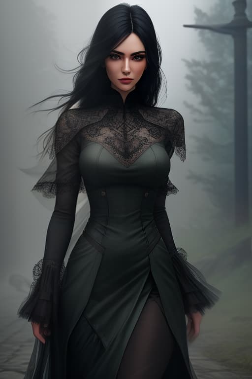  A slender young . Black hair is flowing freely in the wind. Green eyes. There is fog in the background, a gloomy atmosphere hyperrealistic, full body, detailed clothing, highly detailed, cinematic lighting, stunningly beautiful, intricate, sharp focus, f/1. 8, 85mm, (centered image composition), (professionally color graded), ((bright soft diffused light)), volumetric fog, trending on instagram, trending on tumblr, HDR 4K, 8K