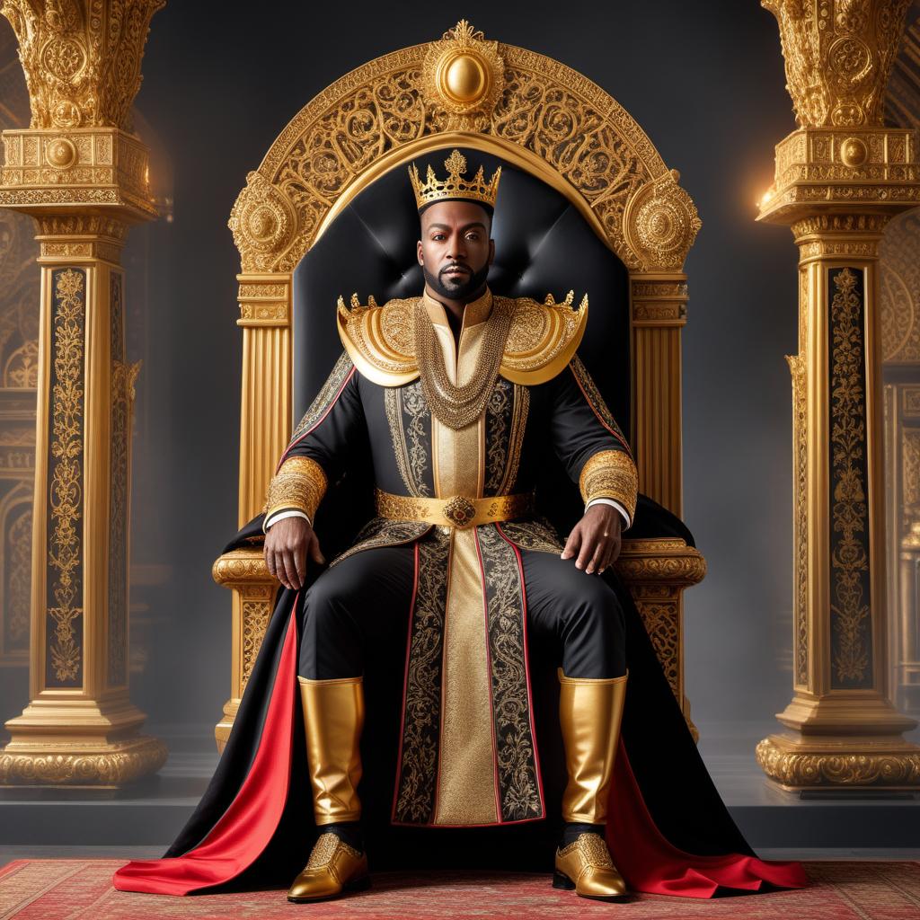  A majestic Black King wearing a golden crown and royal robes. He stands tall and proud on a grand throne with intricate designs. The background should include an opulent palace interior, with elaborate architectural details, rich tapestries, and glowing chandeliers, all accentuating the regality and power of the Black King. hyperrealistic, full body, detailed clothing, highly detailed, cinematic lighting, stunningly beautiful, intricate, sharp focus, f/1. 8, 85mm, (centered image composition), (professionally color graded), ((bright soft diffused light)), volumetric fog, trending on instagram, trending on tumblr, HDR 4K, 8K