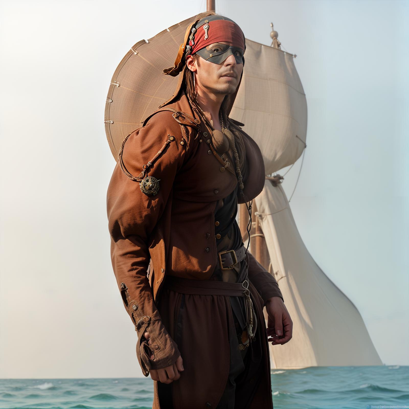  Image of a pirate. Pirate themed elements such as an eye patch, a tricorn hat, a parrot on the shoulder, a pirate coat, and a background featuring a pirate ship or a treasure island. A big sea on the background. The final image should be vibrant, very detailed