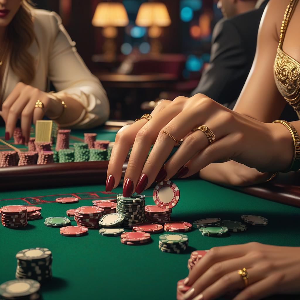  gaming chips, casino table, female hand with manicure, two little cherubs nearby hyperrealistic, full body, detailed clothing, highly detailed, cinematic lighting, stunningly beautiful, intricate, sharp focus, f/1. 8, 85mm, (centered image composition), (professionally color graded), ((bright soft diffused light)), volumetric fog, trending on instagram, trending on tumblr, HDR 4K, 8K