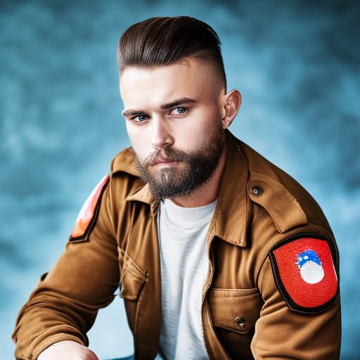 portrait+ style Russian queer sergeant brunette hunk dude face