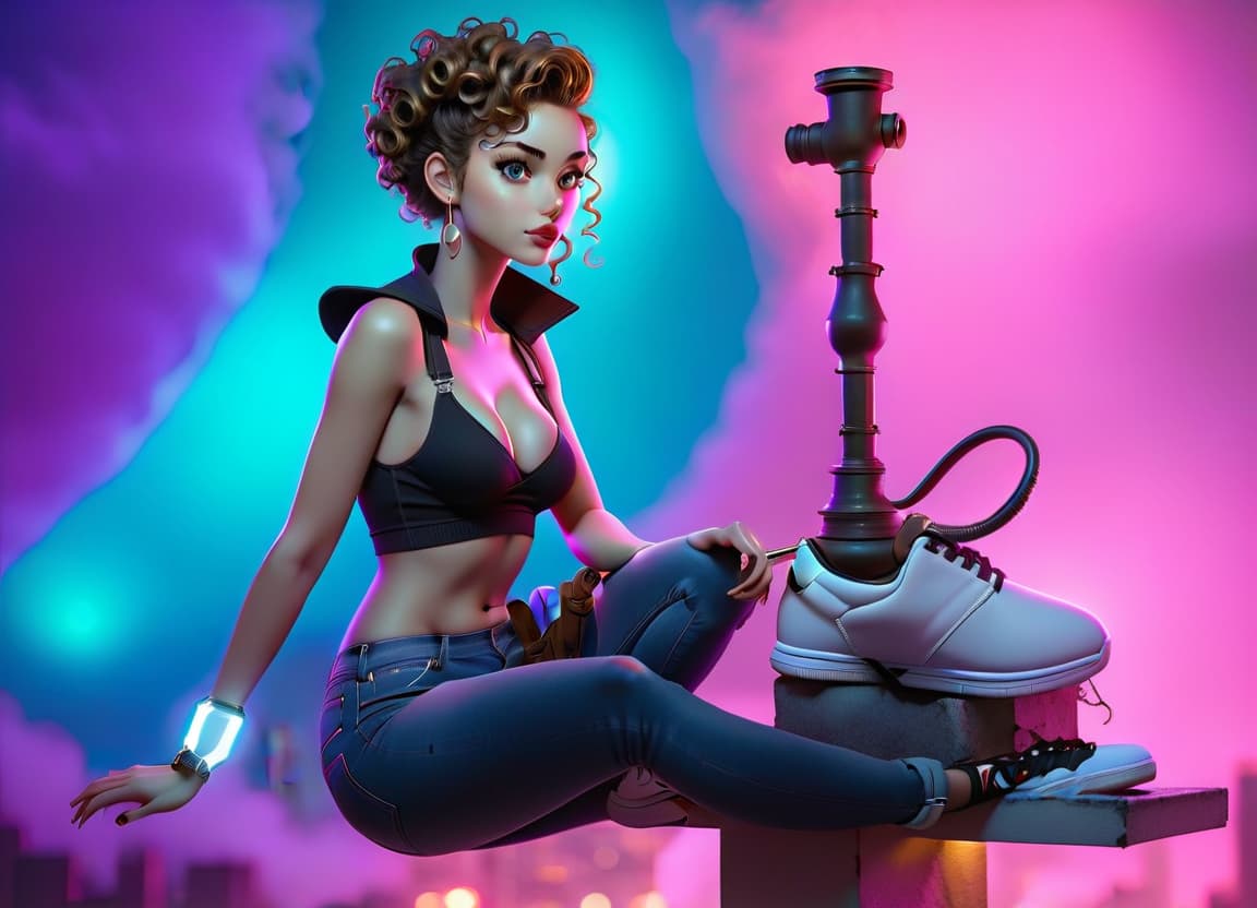  A girl is seated on a roof with the background of a night city, her hair is curly, dark, wearing a pipe, in denim shorts and white sneakers, profile view. hyperrealistic, full body, detailed clothing, highly detailed, cinematic lighting, stunningly beautiful, intricate, sharp focus, f/1. 8, 85mm, (centered image composition), (professionally color graded), ((bright soft diffused light)), volumetric fog, trending on instagram, trending on tumblr, HDR 4K, 8K