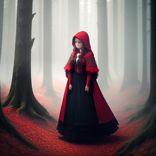  a little girl Little Red Riding Hood in the forest hyperrealistic, full body, detailed clothing, highly detailed, cinematic lighting, stunningly beautiful, intricate, sharp focus, f/1. 8, 85mm, (centered image composition), (professionally color graded), ((bright soft diffused light)), volumetric fog, trending on instagram, trending on tumblr, HDR 4K, 8K