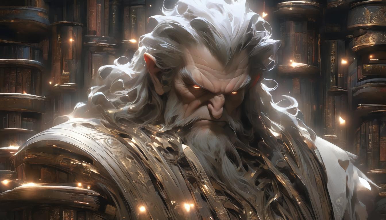  hyperrealism,fantasy aestheticAn elder figure with a serene face, surrounded by floating books and scrolls emitting soft light, wisdom, intellect, enlightenment., high tech clothing clad in sleek, futuristic costume with metallic accents and form fitting designs, marvel superhero comics style, unreal engine rendering