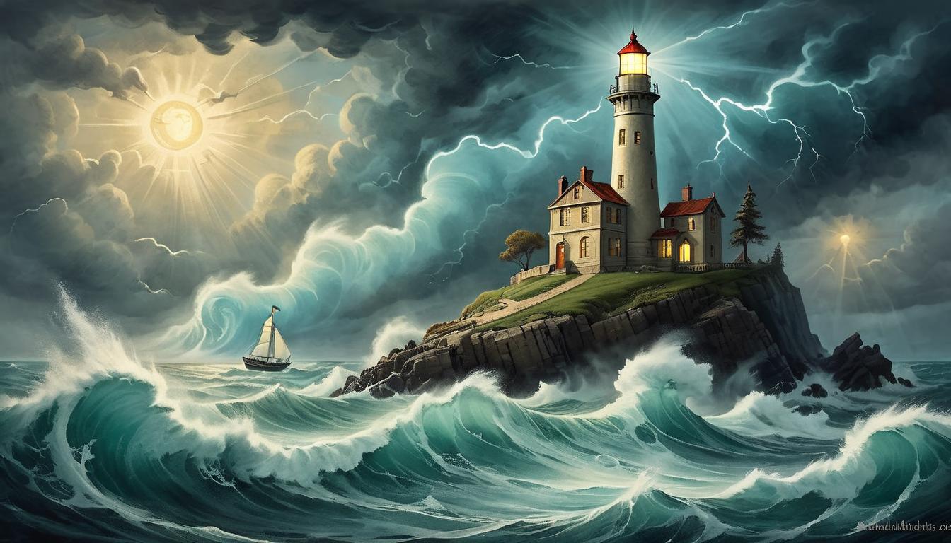  on parchment, surrealism+++, A radiant lighthouse by a stormy sea, its light piercing through the tempest, symbolizing guidance, steadfast, beacon of truth(mysterious, provocative, symbolic,muted color)+++