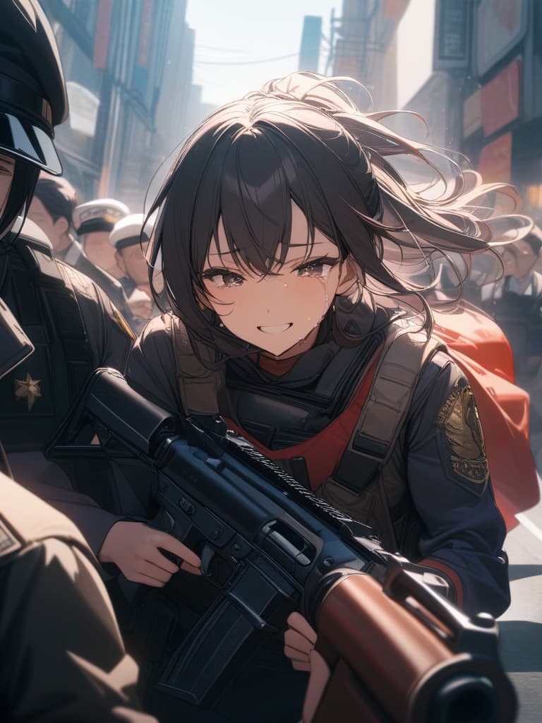  Pistols, muzzle toward opponents, crying, police officers, polys, guns, crying, smiling, shooting, masterpiece, best quality,8k,ultra detailed,high resolution,an extremely delicate and beautiful,hyper detail