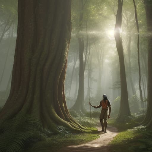  80's fantasy art, A tall, imposing human male with long black hair and olive-tan skin, wearing simple common clothes and carrying a wooden staff, stands in a small forest clearing. The sun is high in the sky, casting dappled light through the trees. A dirt path leads from the clearing towards a distant village, hinted at by the smell of cooked meat carried on a gentle breeze. The forest around is alive with the sounds of birds and small animals.