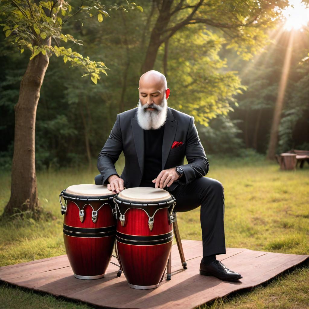  A slim, bald man with a grey beard is playing four red and black congas outdoors on a stage. The stage has a vibrant atmosphere with some musical equipment around. The man is wearing casual attire, focusing intensely on playing the congas. hyperrealistic, full body, detailed clothing, highly detailed, cinematic lighting, stunningly beautiful, intricate, sharp focus, f/1. 8, 85mm, (centered image composition), (professionally color graded), ((bright soft diffused light)), volumetric fog, trending on instagram, trending on tumblr, HDR 4K, 8K