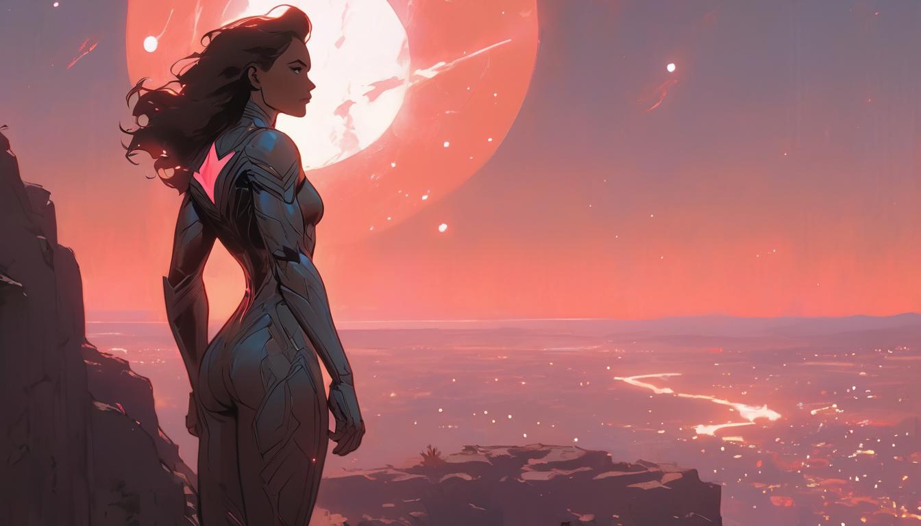  hyperrealism,fantasy aesthetic1woman, large busted brunette arian female humanoid, standing on a cliff edge, vast star filled sky behind her, subtle celestial beings visible, subtle glow around her, vastness of the universe, high tech clothing clad in sleek, futuristic costume with metallic accents and form fitting designs, marvel superhero comics style, unreal engine rendering