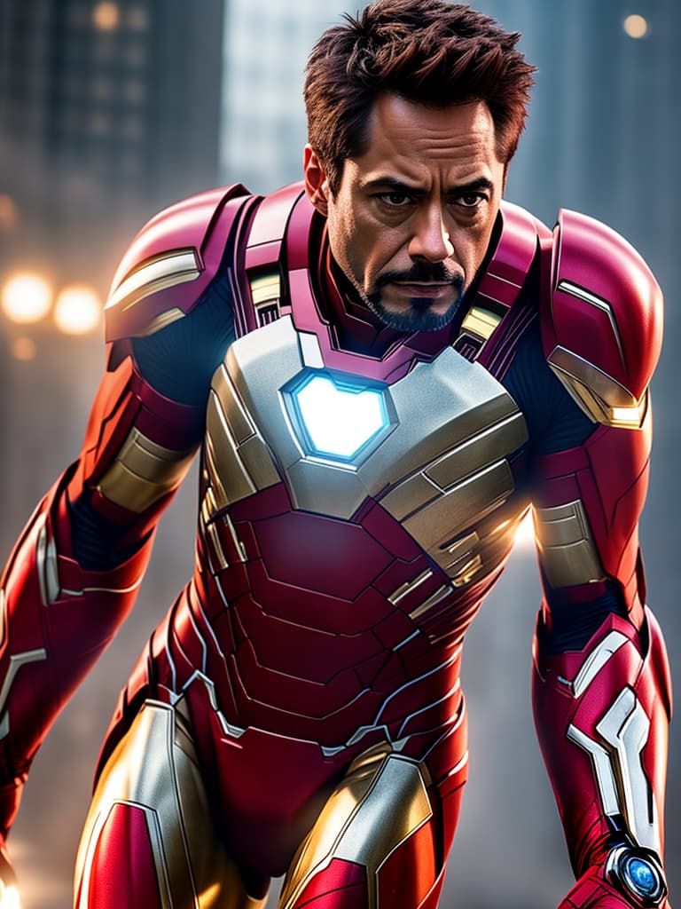  ironman tony stark close up hyperrealistic, full body, detailed clothing, highly detailed, cinematic lighting, stunningly beautiful, intricate, sharp focus, f/1. 8, 85mm, (centered image composition), (professionally color graded), ((bright soft diffused light)), volumetric fog, trending on instagram, trending on tumblr, HDR 4K, 8K