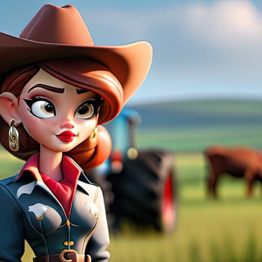  Chubby USA girl in wearing Cowboy clothes portrait at farm, bulls in Background, Tractor in background, Clean face details hyperrealistic, full body, detailed clothing, highly detailed, cinematic lighting, stunningly beautiful, intricate, sharp focus, f/1. 8, 85mm, (centered image composition), (professionally color graded), ((bright soft diffused light)), volumetric fog, trending on instagram, trending on tumblr, HDR 4K, 8K