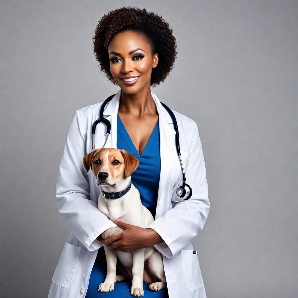  A black Christian woman veterinarian with a warm and caring expression, wearing a white lab coat, and stethoscope around her neck. She could be standing in a veterinary clinic with some animal patients around, such as dogs, cats, or small animals. There might be some elements reflecting her faith, like a small cross necklace or a subtle cross emblem on her coat. hyperrealistic, full body, detailed clothing, highly detailed, cinematic lighting, stunningly beautiful, intricate, sharp focus, f/1. 8, 85mm, (centered image composition), (professionally color graded), ((bright soft diffused light)), volumetric fog, trending on instagram, trending on tumblr, HDR 4K, 8K